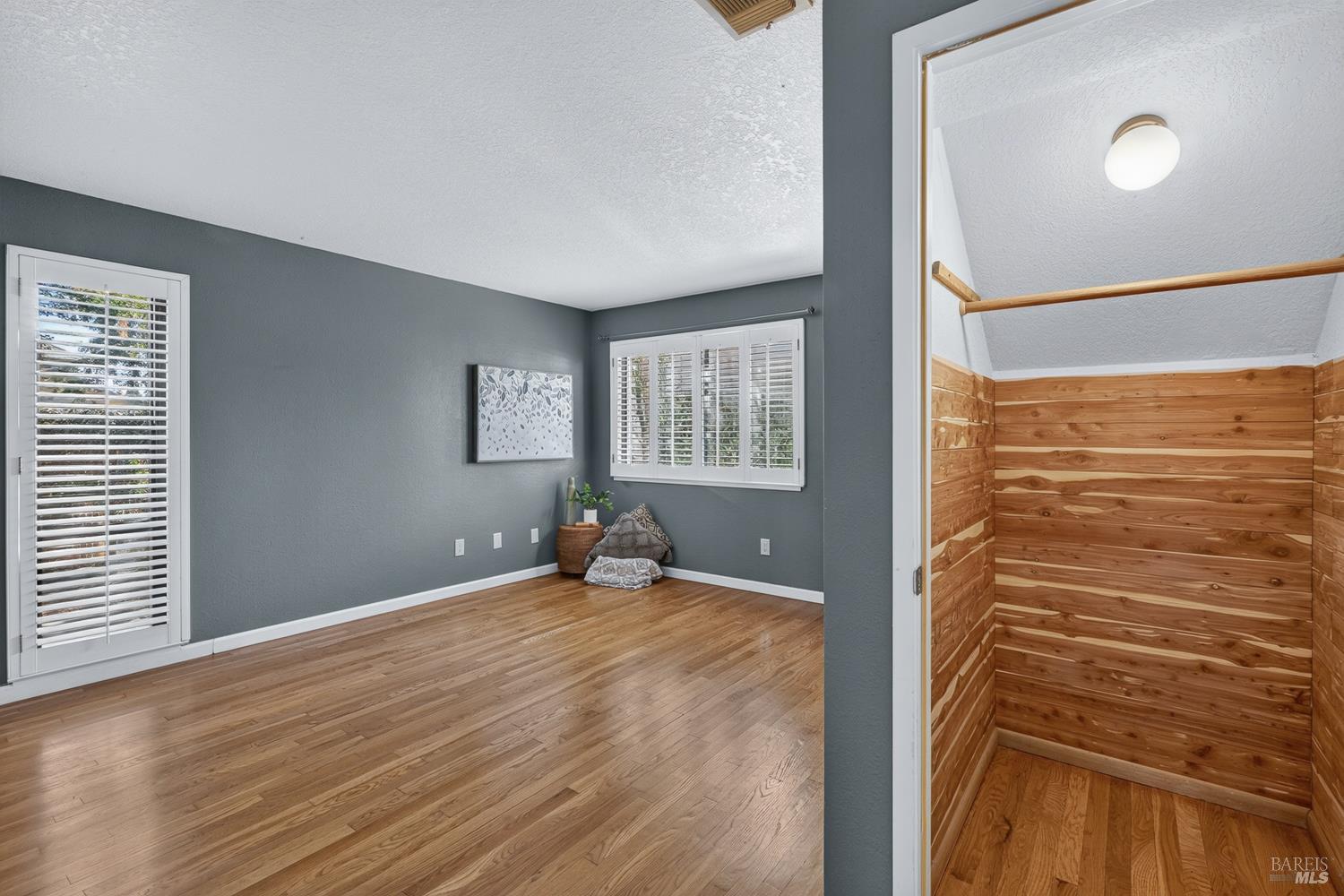 Empty room with hardwood floors, gray walls, shuttered windows, and a cedar-lined closet.