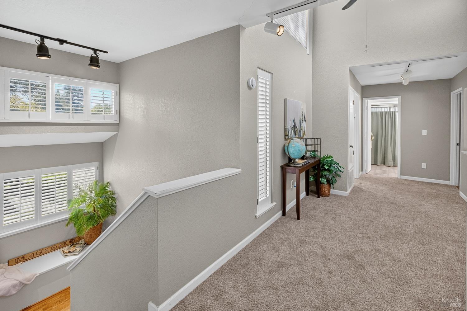 Upstairs hallway with plantation shutters, carpeted stairs, and a console table topped with a globe.
