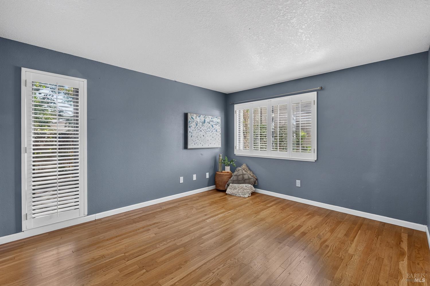Bedroom with blue walls, hardwood floors, and plantation-shuttered windows.