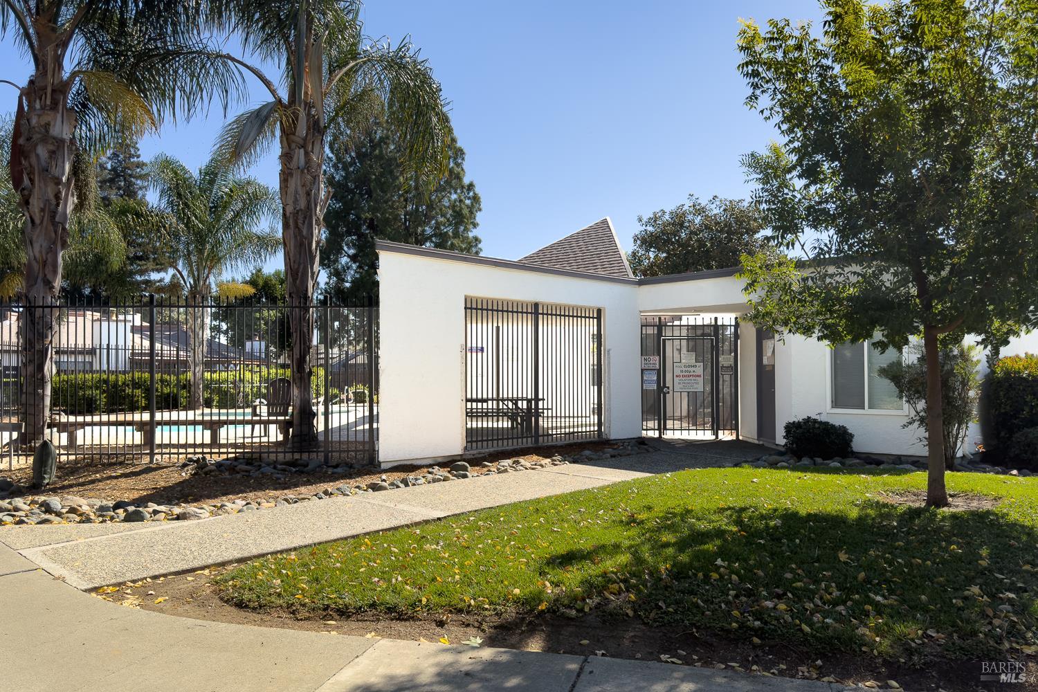 Gated community pool with palm trees, black fencing, and a white building.
