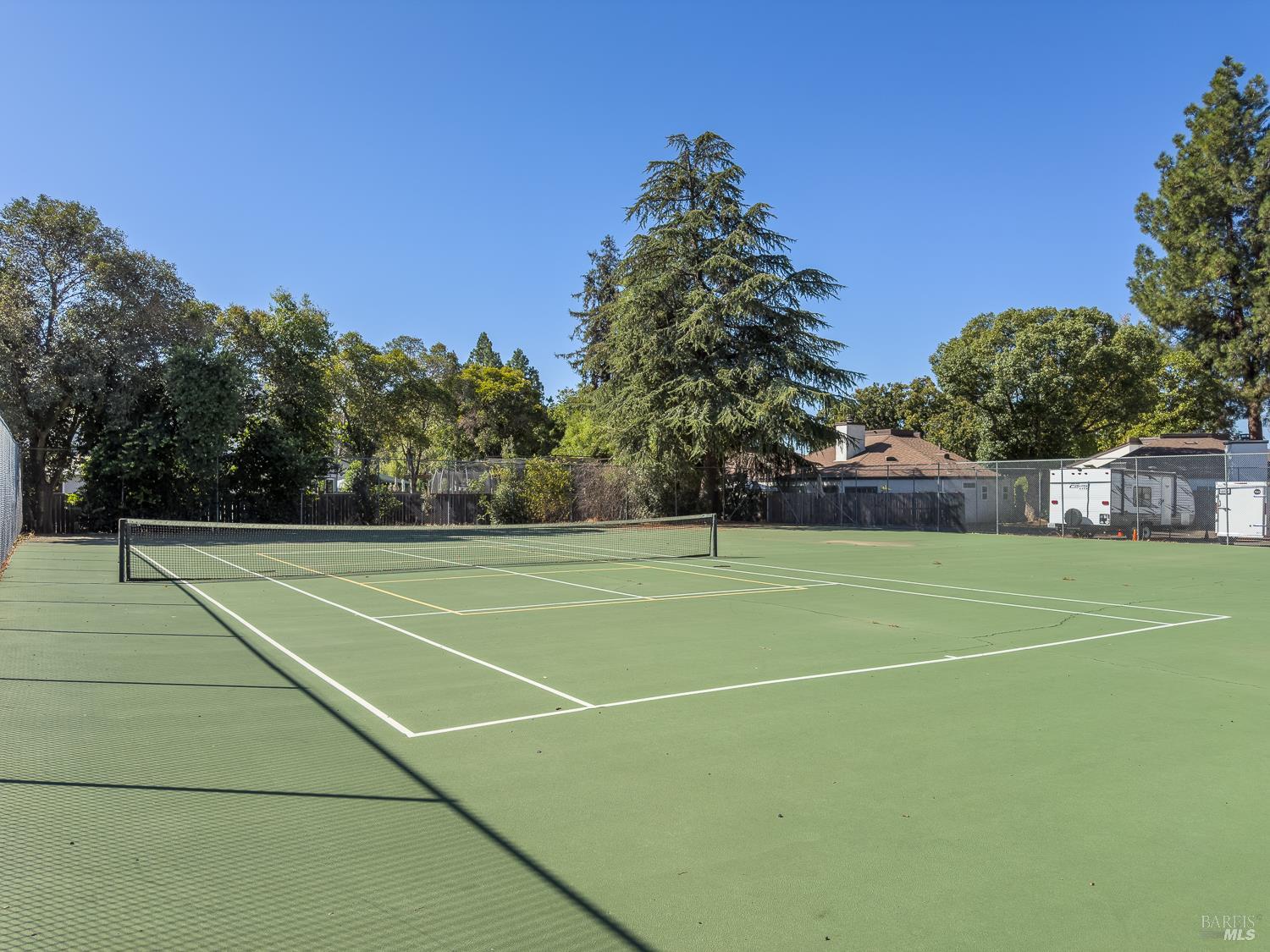 Outdoor tennis court with green surface, white lines, and a net beneath mature trees.