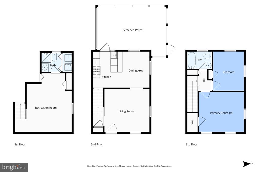 Three-floor home floor plan with a screened porch, recreation room, living and dining areas, and two bedrooms.