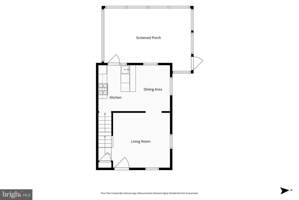 Floor plan with kitchen, dining area, living room, stairs, and screened porch.