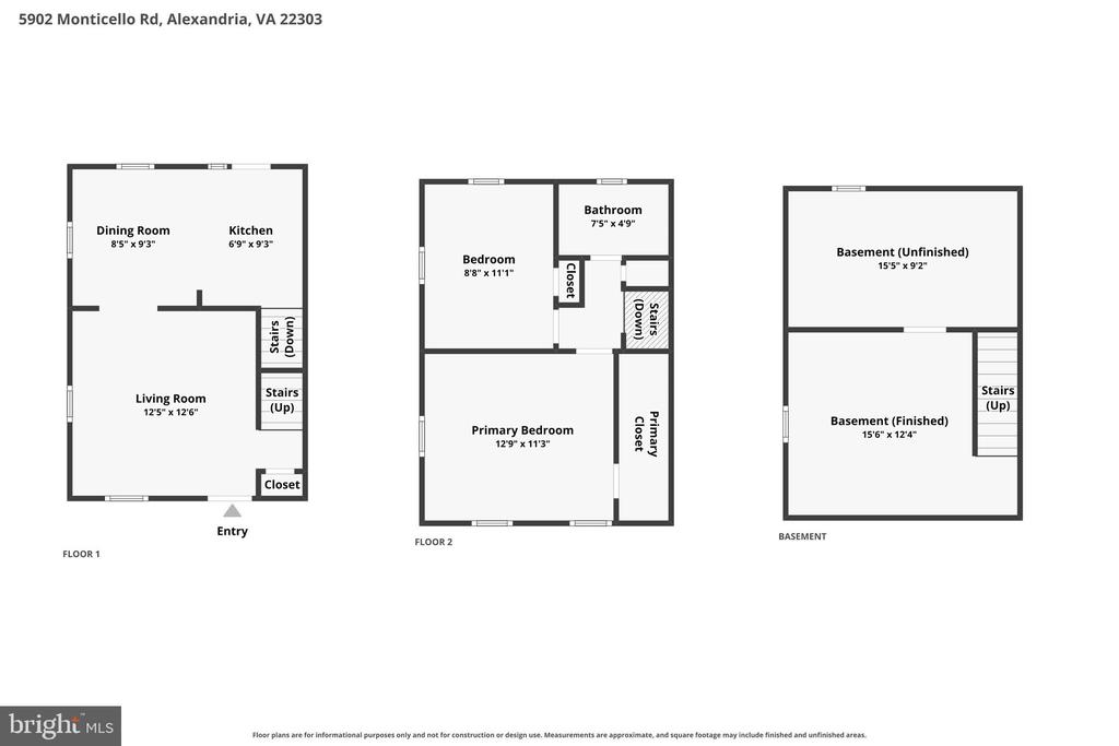 Three-level floor plan showing room layouts and dimensions for the first floor, second floor, and basement.