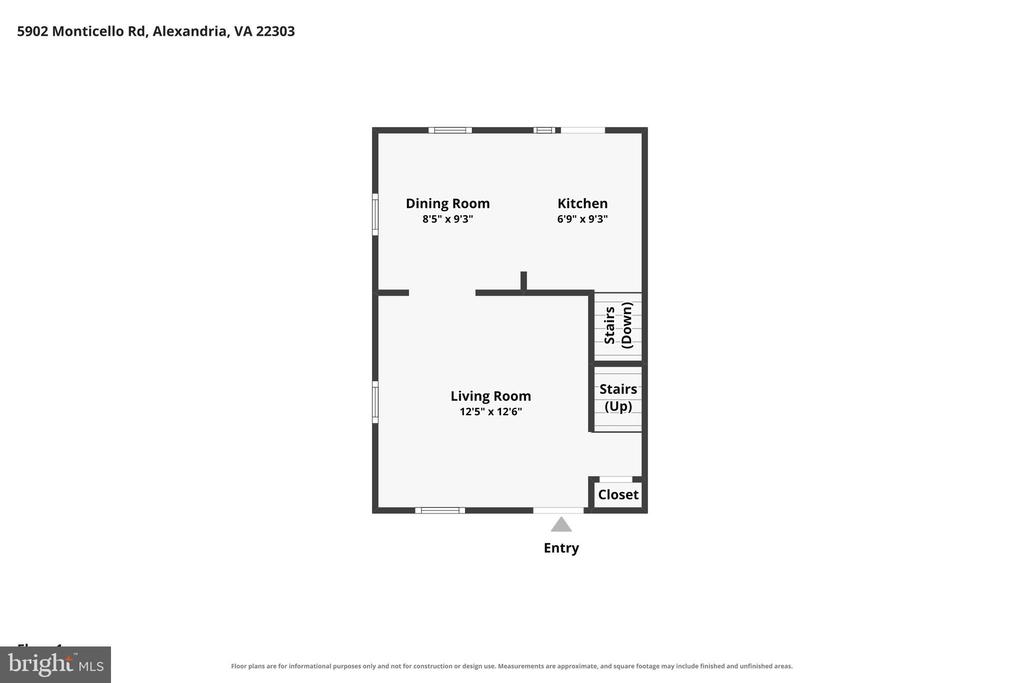 Floor plan showing a living room, dining room, kitchen, stairs, closet, and entry.