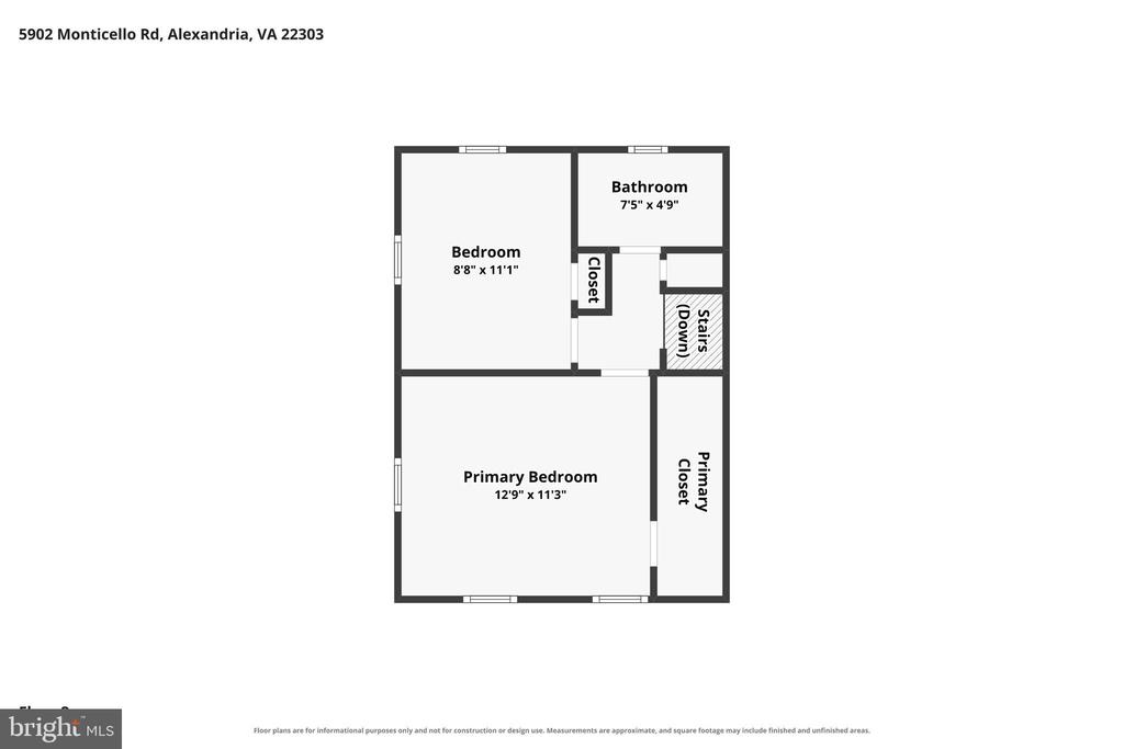 Floor plan showing two bedrooms, a bathroom, closets, and stairs down.