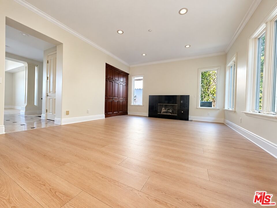 Vacant living room with light wood floors, a black fireplace, dark built-in cabinets, and large windows.