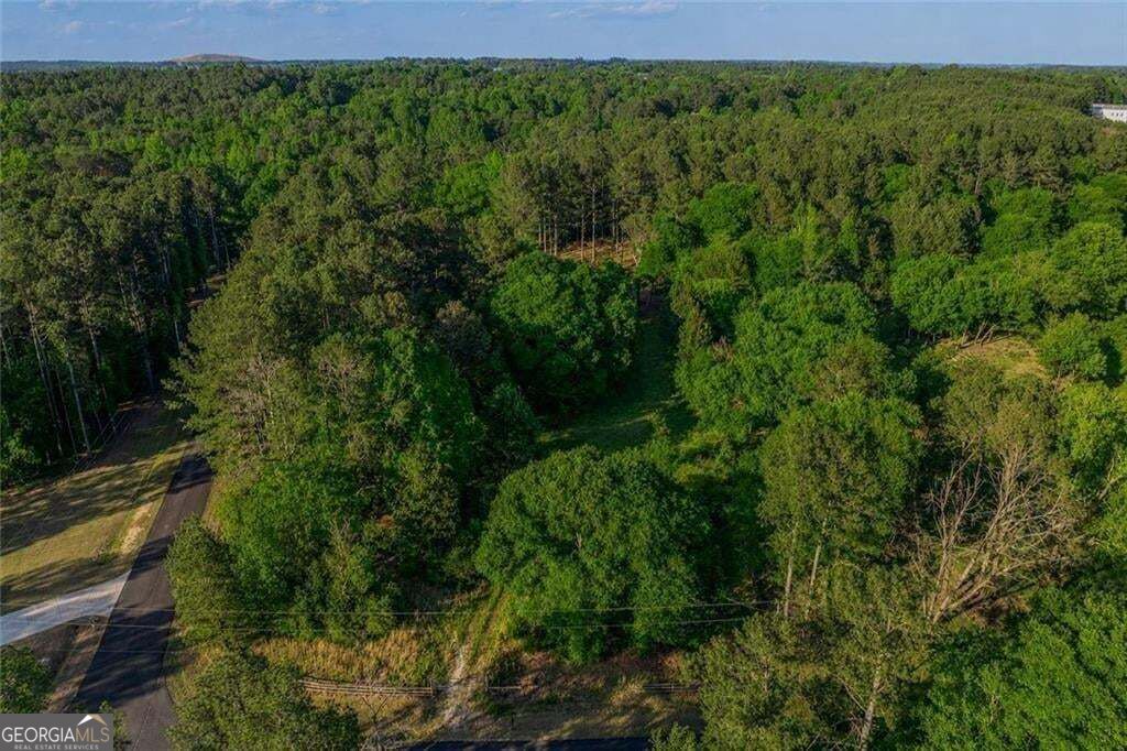 Aerial view of a wooded property with a road along its left edge and a small clearing.