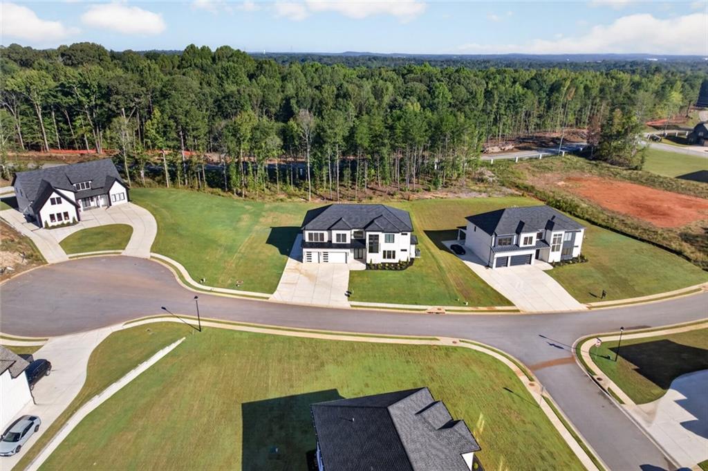 Aerial view of three homes along a curved street, with lawns and dense woods behind them.