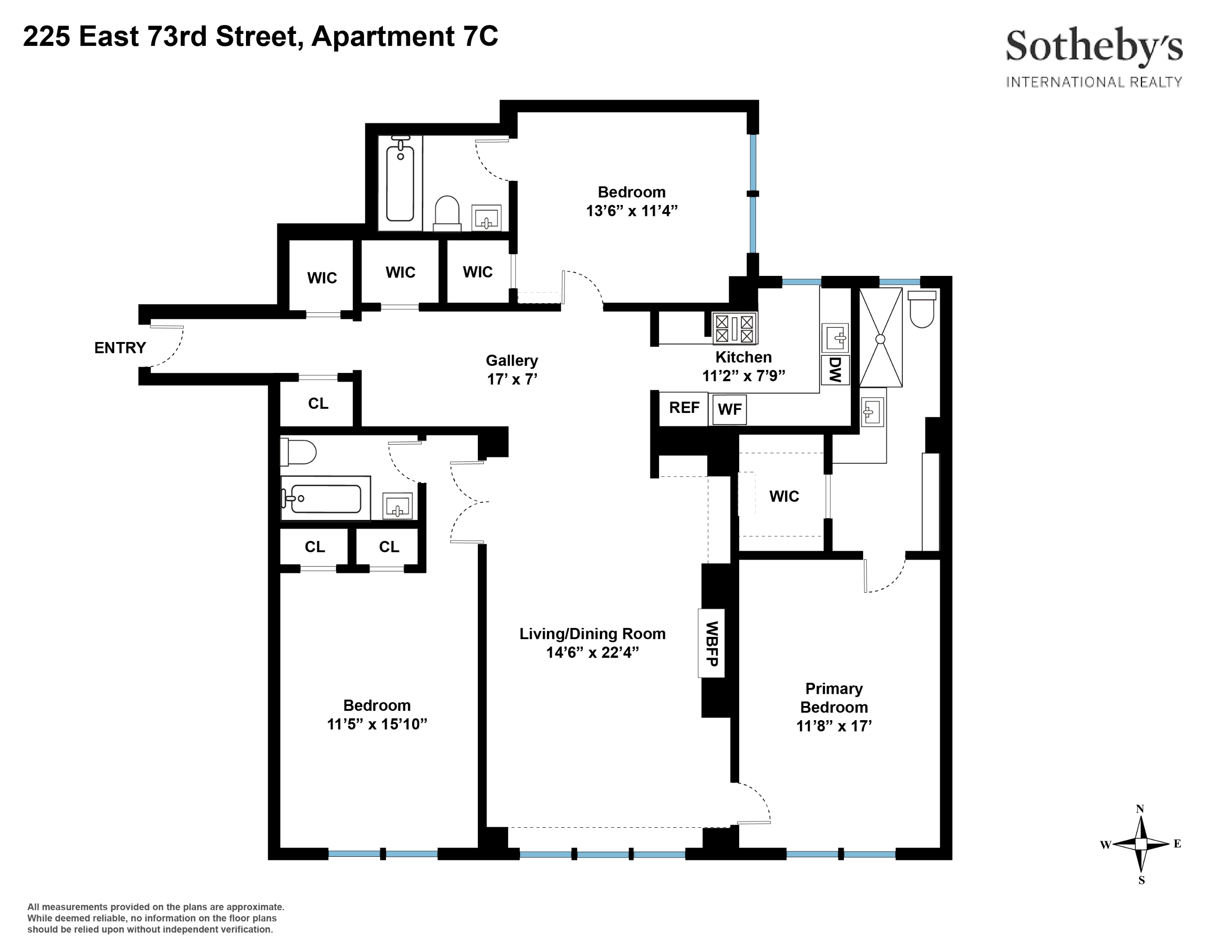 Floor plan of 225 East 73rd Street, Apartment 7C, with three bedrooms, gallery, and living/dining room.