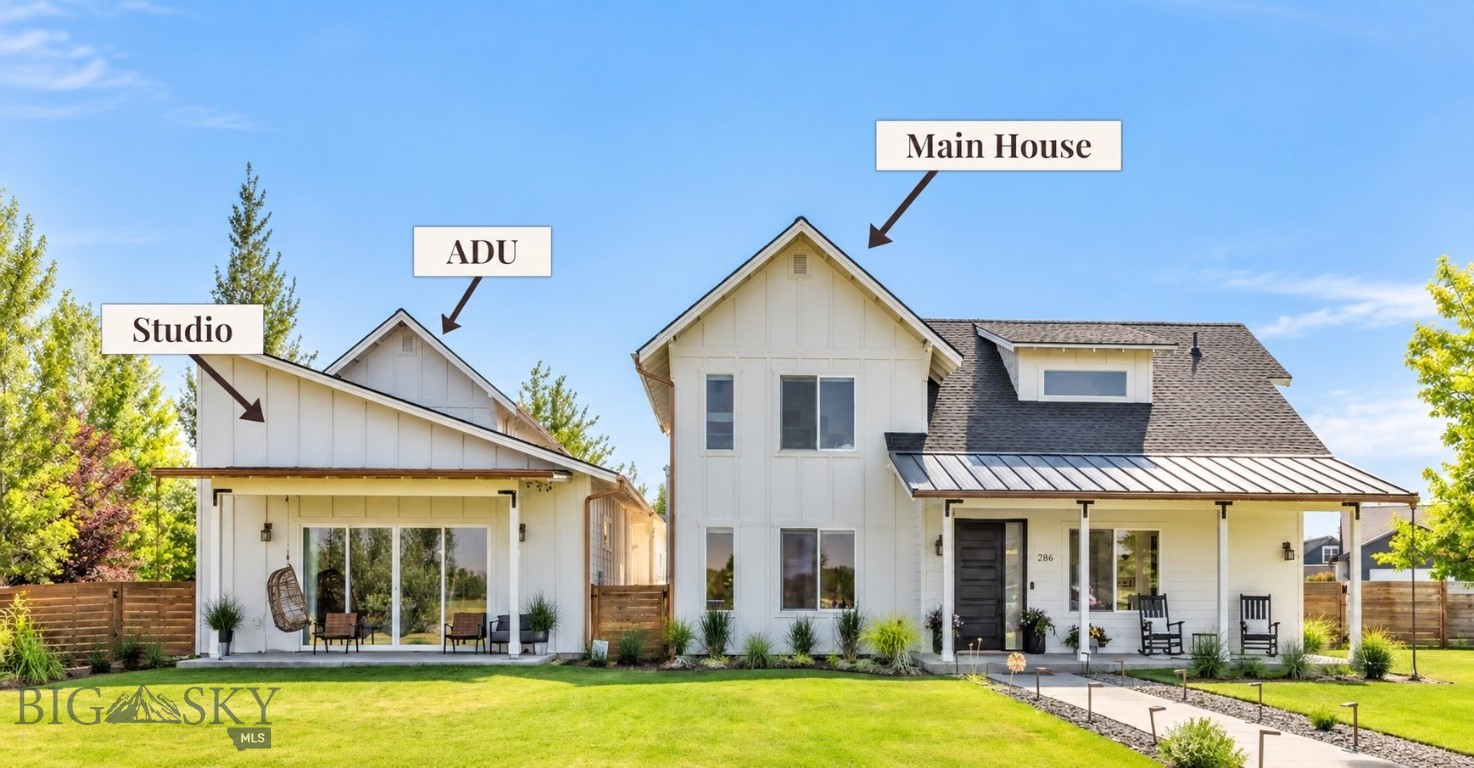 White main house with labeled ADU and studio, front lawn, and covered porches.