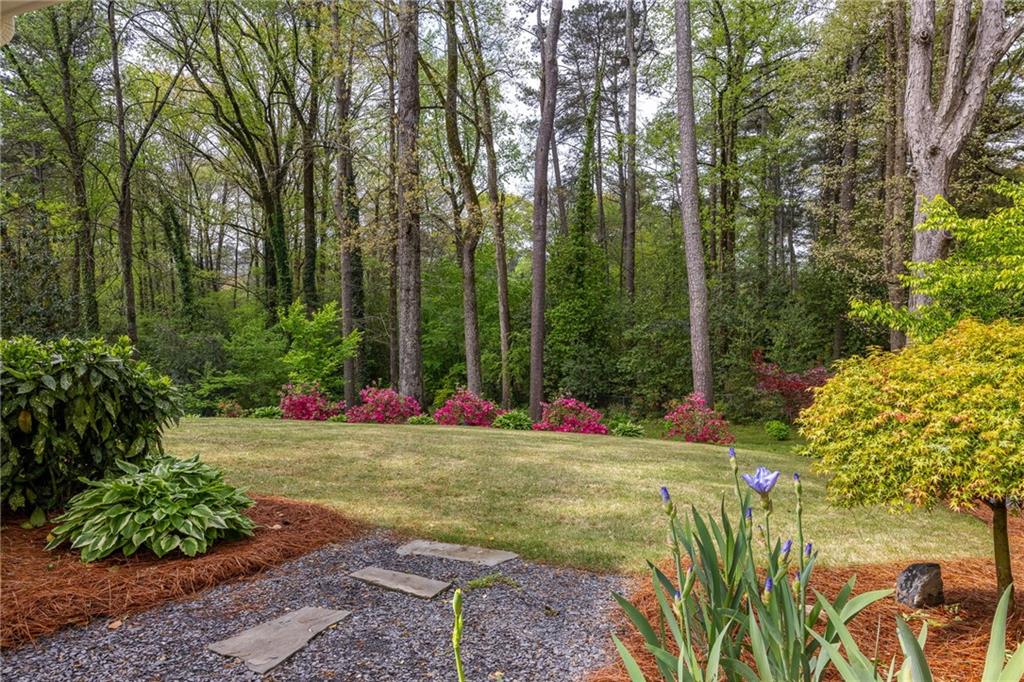 Backyard garden with a gravel path, pink azaleas, purple irises, and mature trees.