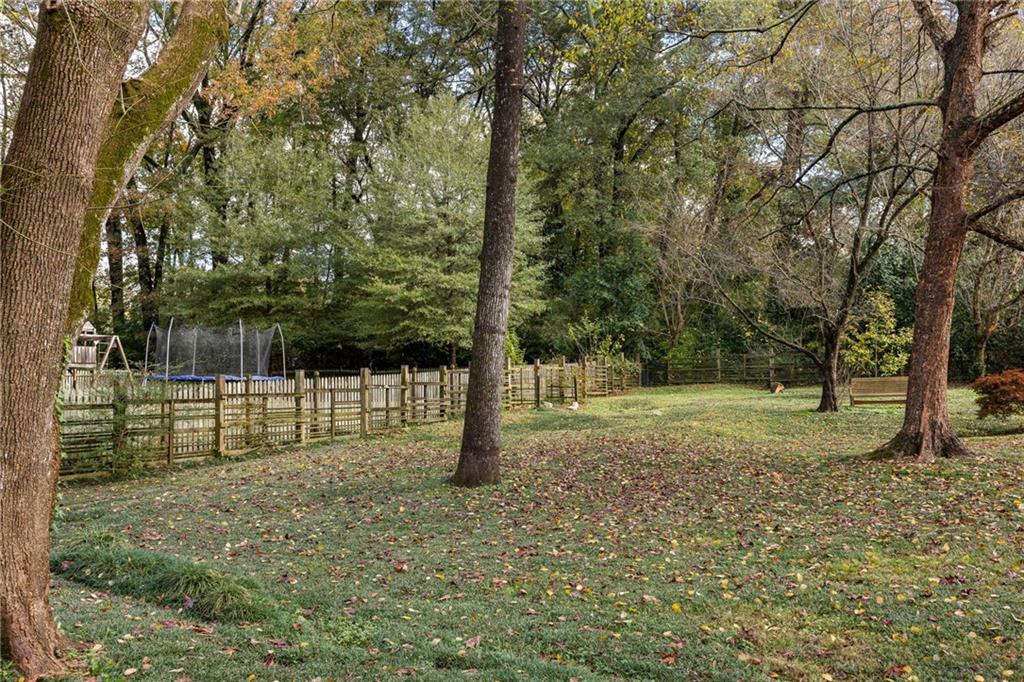 Tree-shaded backyard with a broad lawn, wooden fence, trampoline, and play structure.