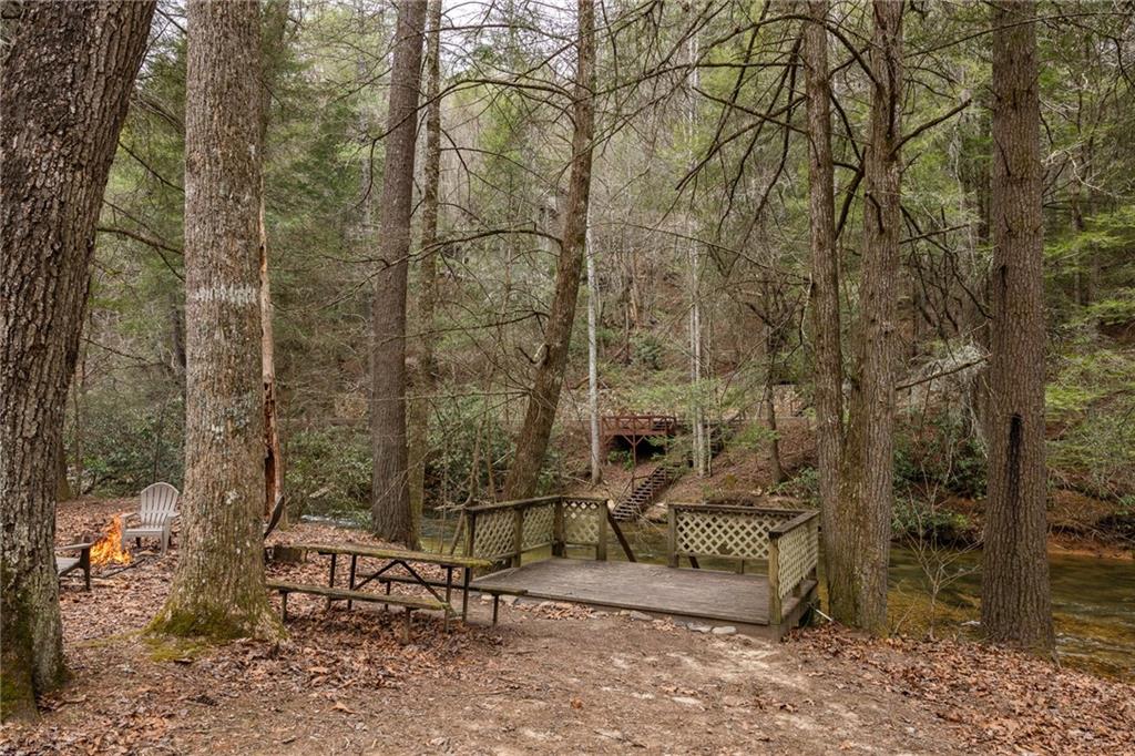 Wooded creekside yard with a wooden footbridge, picnic table, and fire pit.
