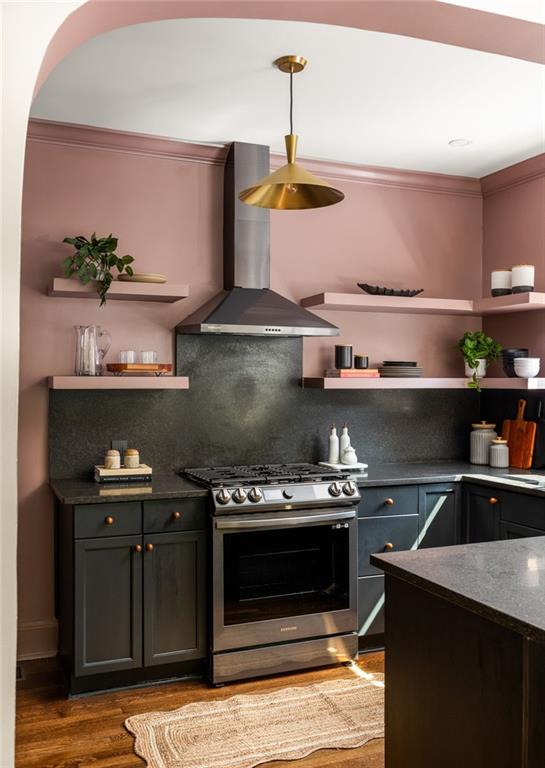 Kitchen with dusty rose walls, charcoal cabinets, stainless steel range, and brass pendant light.