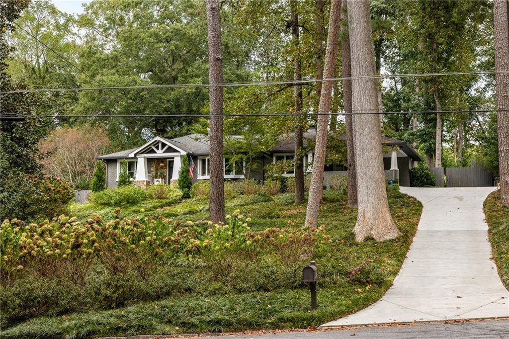 Single-story home's front exterior behind mature trees, with a landscaped yard and curved driveway.