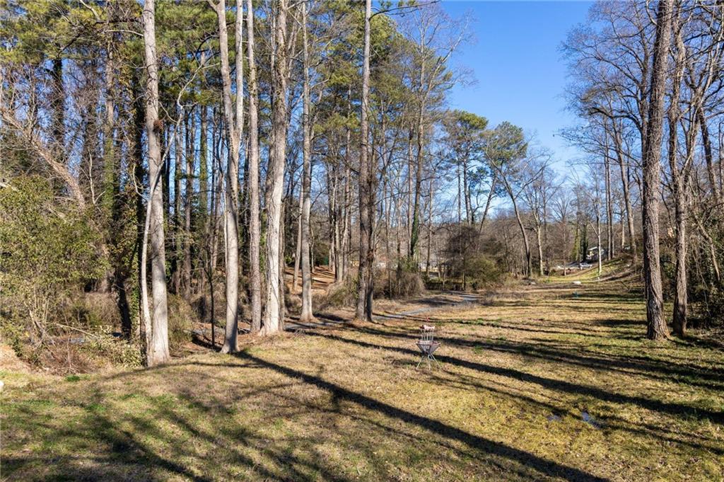 Wooded residential lot with a grassy clearing and a small metal fire pit.
