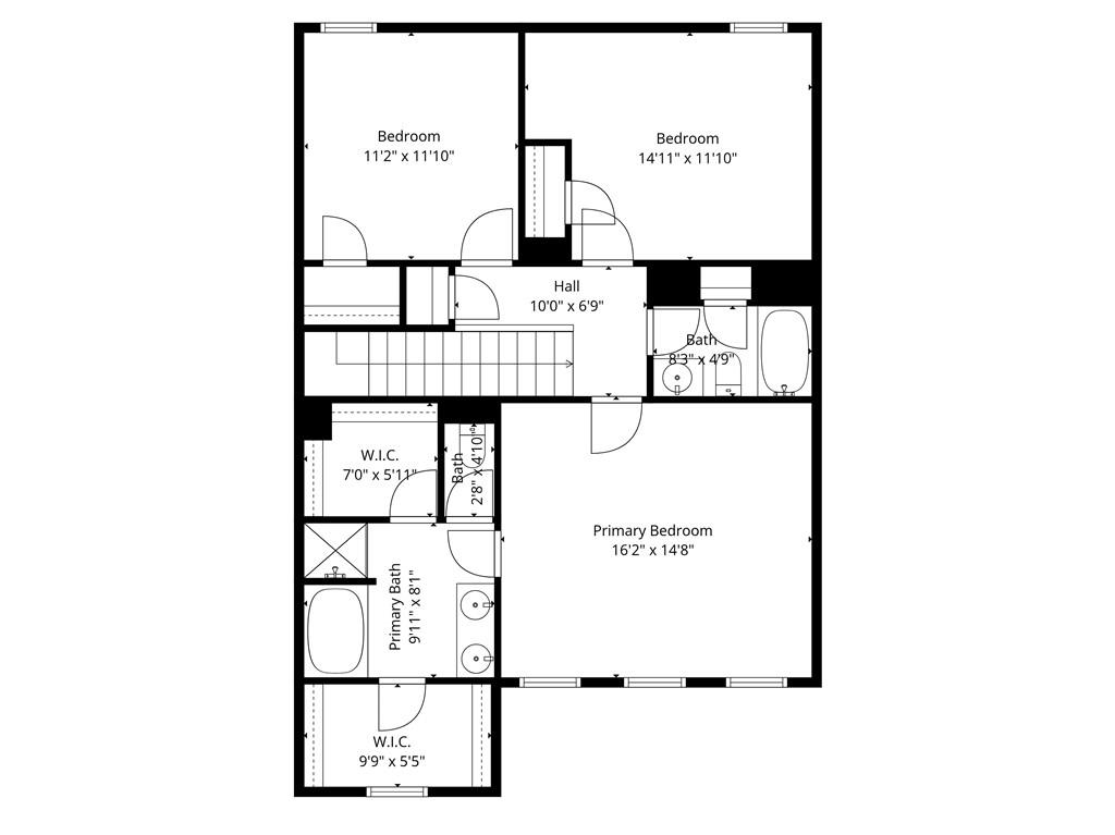 Second-floor plan with a primary bedroom, two additional bedrooms, bathrooms, walk-in closets, and a staircase.