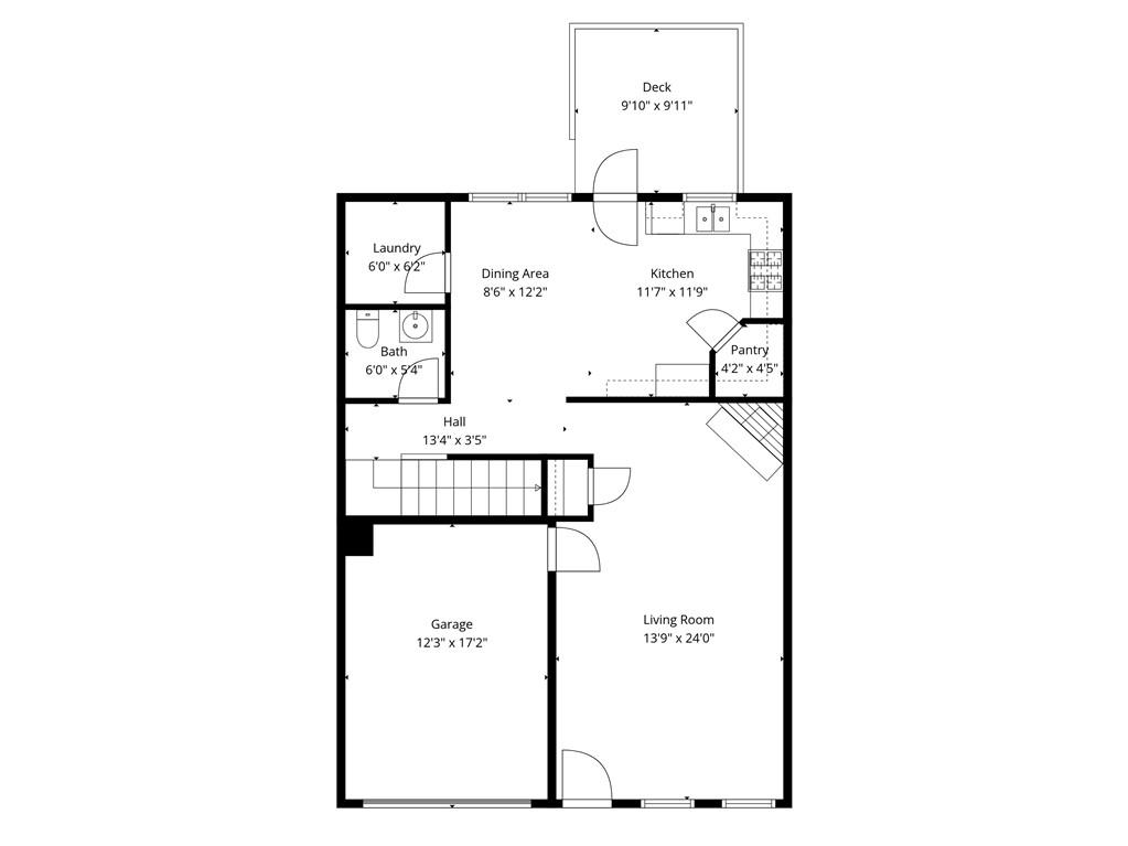 Floor plan showing the living room, garage, kitchen, dining area, bathroom, laundry, pantry, hall, and deck.