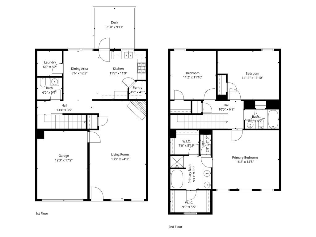 Two-story floor plan with a garage, open living and dining areas, deck, and three upstairs bedrooms.
