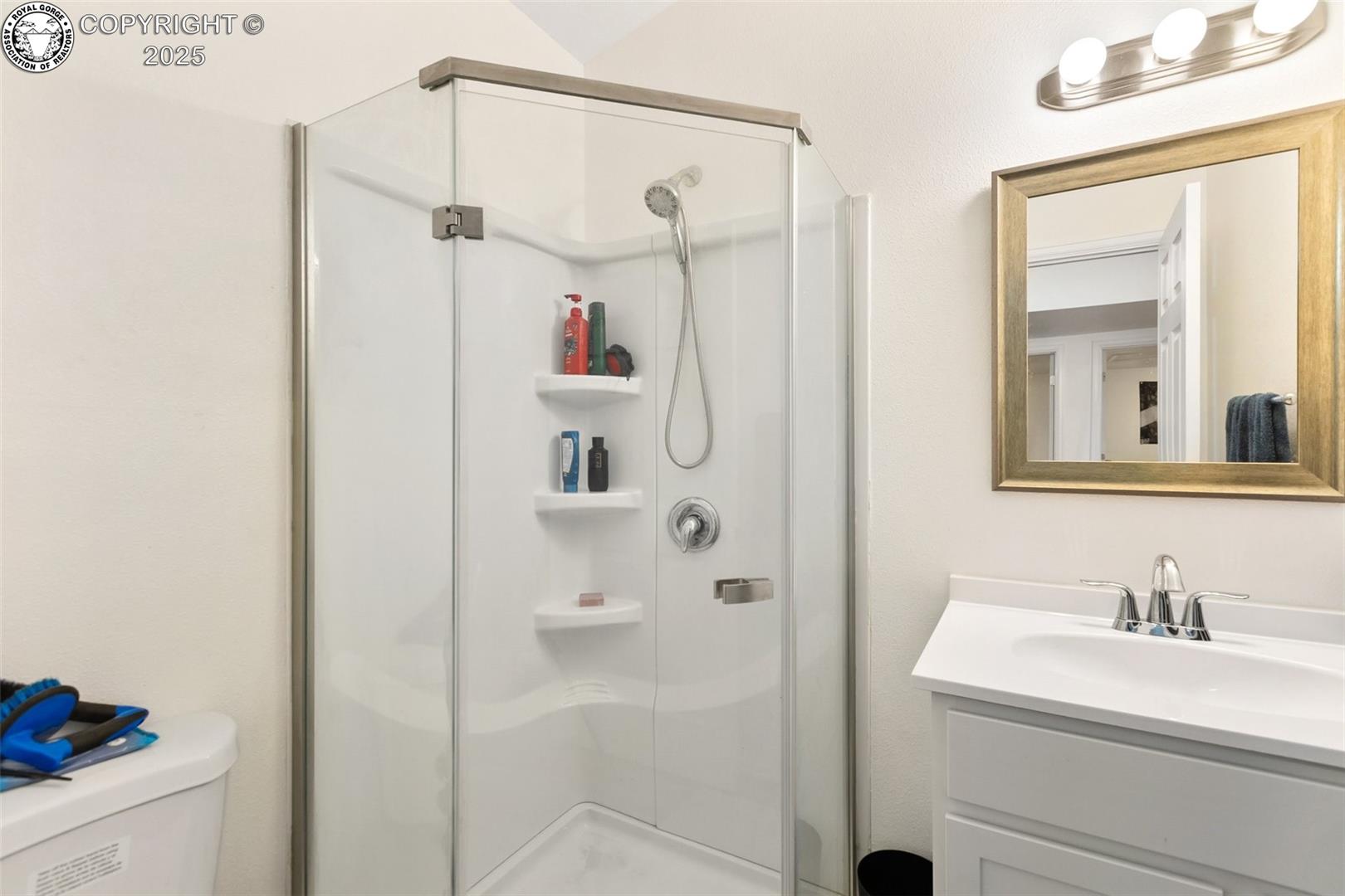 Bathroom with a glass corner shower, built-in shelves, and a white vanity.