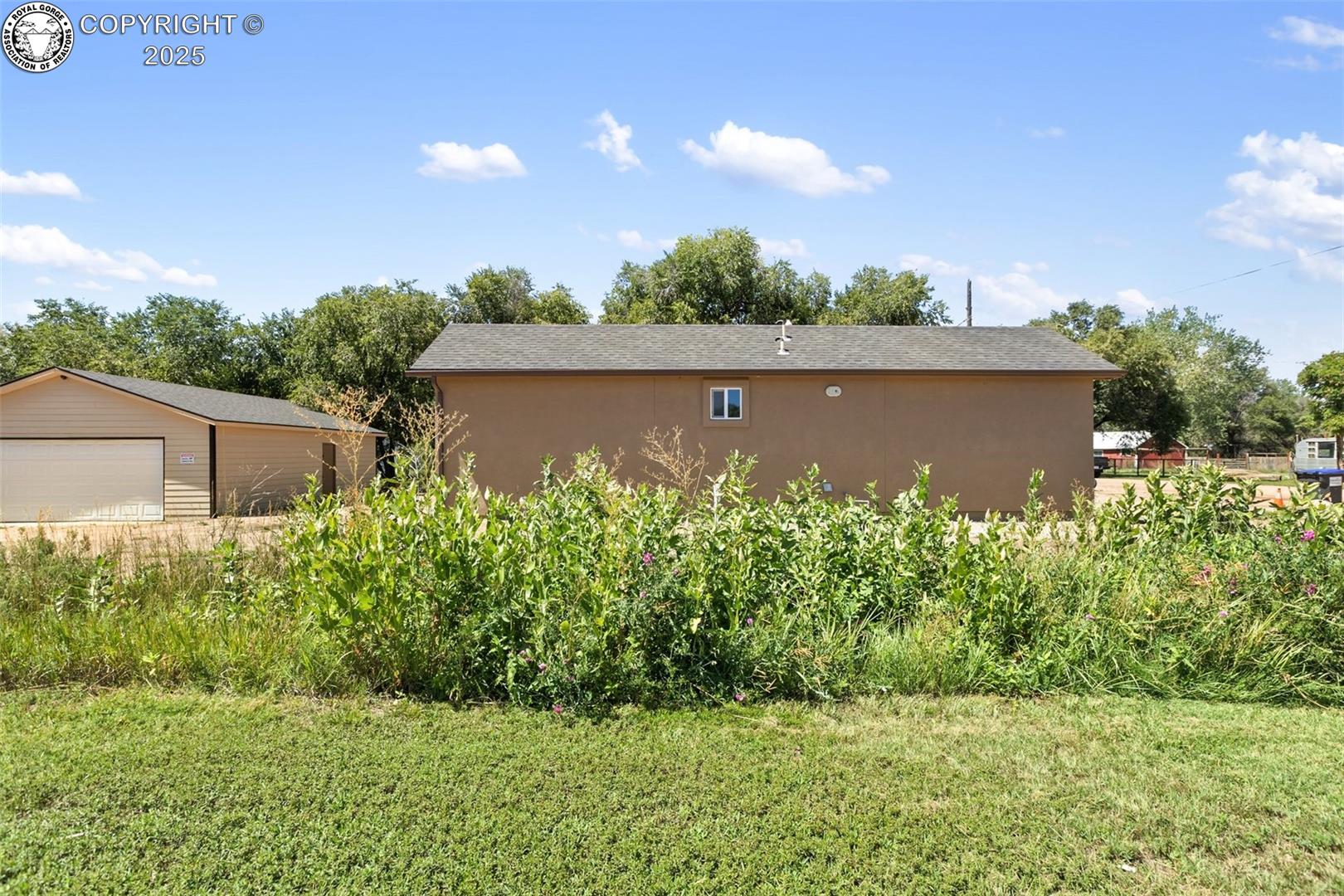 Brown single-story house and detached garage behind tall flowering weeds.