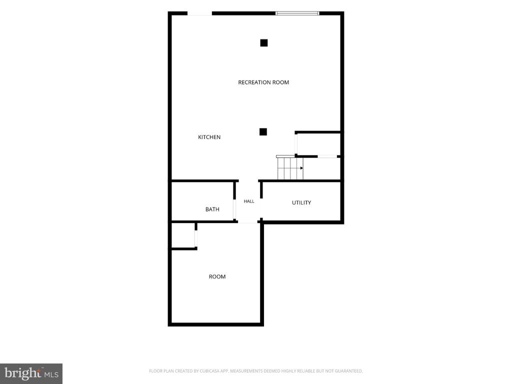 Floor plan showing a recreation room, kitchen, bath, utility room, hall, and additional room.