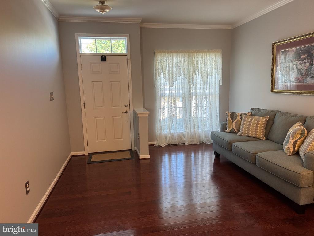 Furnished living room with dark hardwood floors, sheer-curtained window, and gray sofa beside the front door.