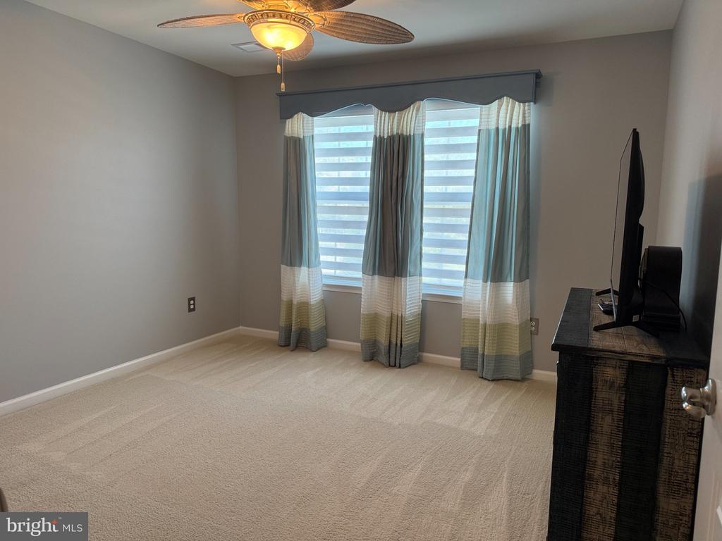 Bedroom with beige carpet, striped curtains, ceiling fan, and a dark dresser with television.