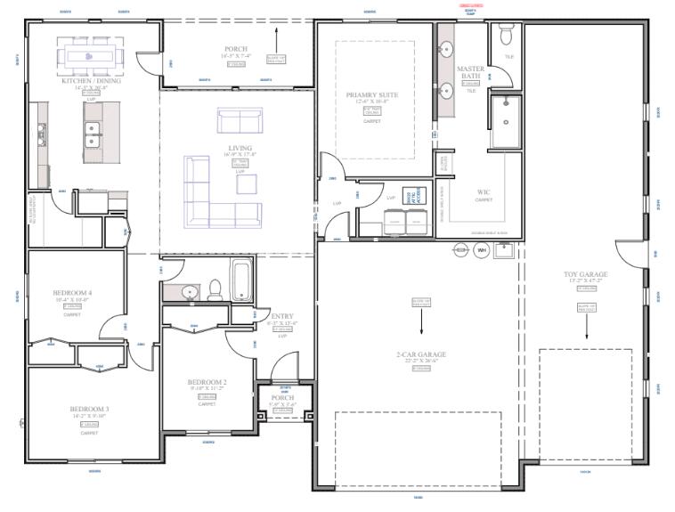 Floor plan showing four bedrooms, an open kitchen and living area, and two-car and toy garages.