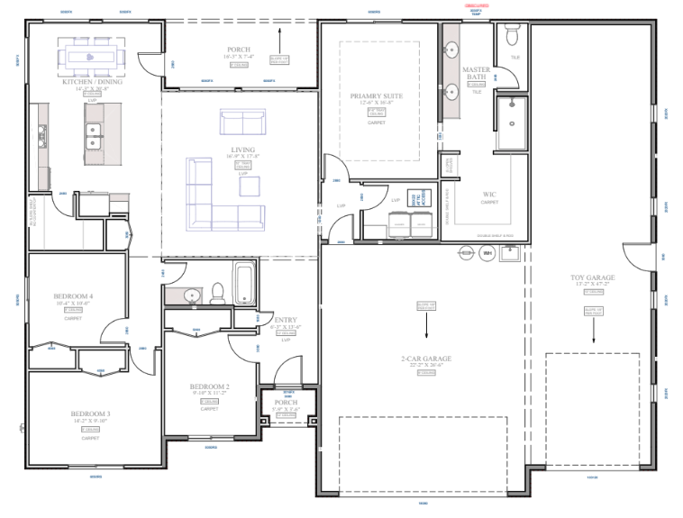 Floor plan showing four bedrooms, an open living and kitchen area, a porch, and two garages.