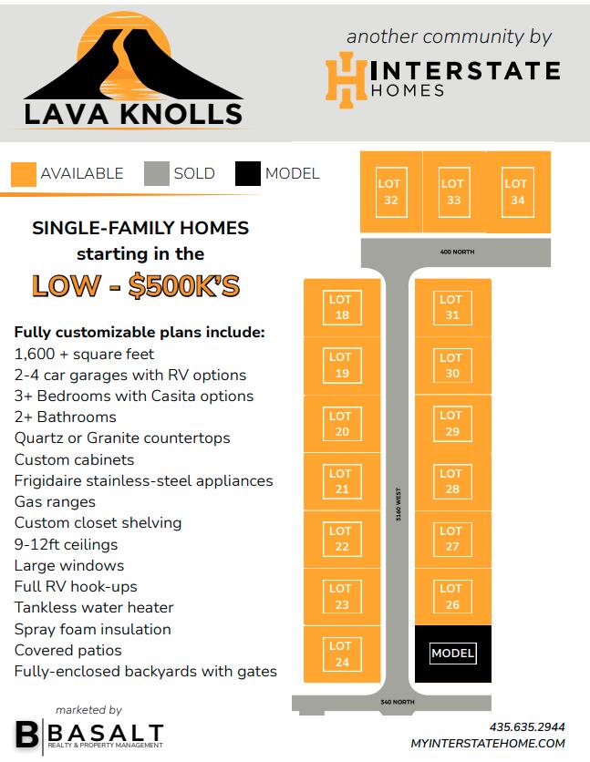 Lava Knolls homes flyer with starting prices, home features, and a map of available lots.