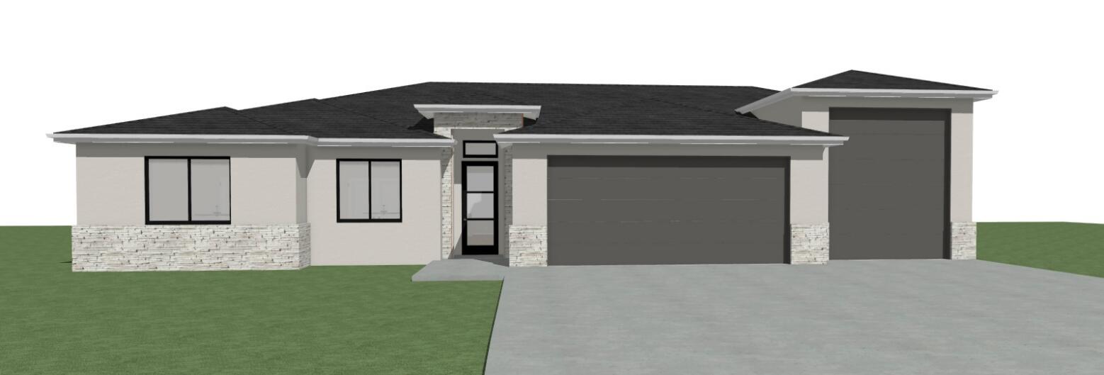 Architectural rendering of a modern home with stone accents, a narrow glass entry, and attached garages.