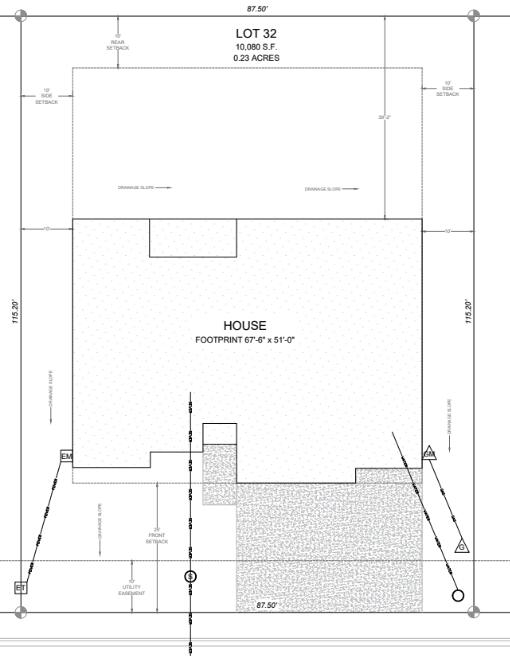 Site plan showing Lot 32, house footprint, lot dimensions, setbacks, and easements.
