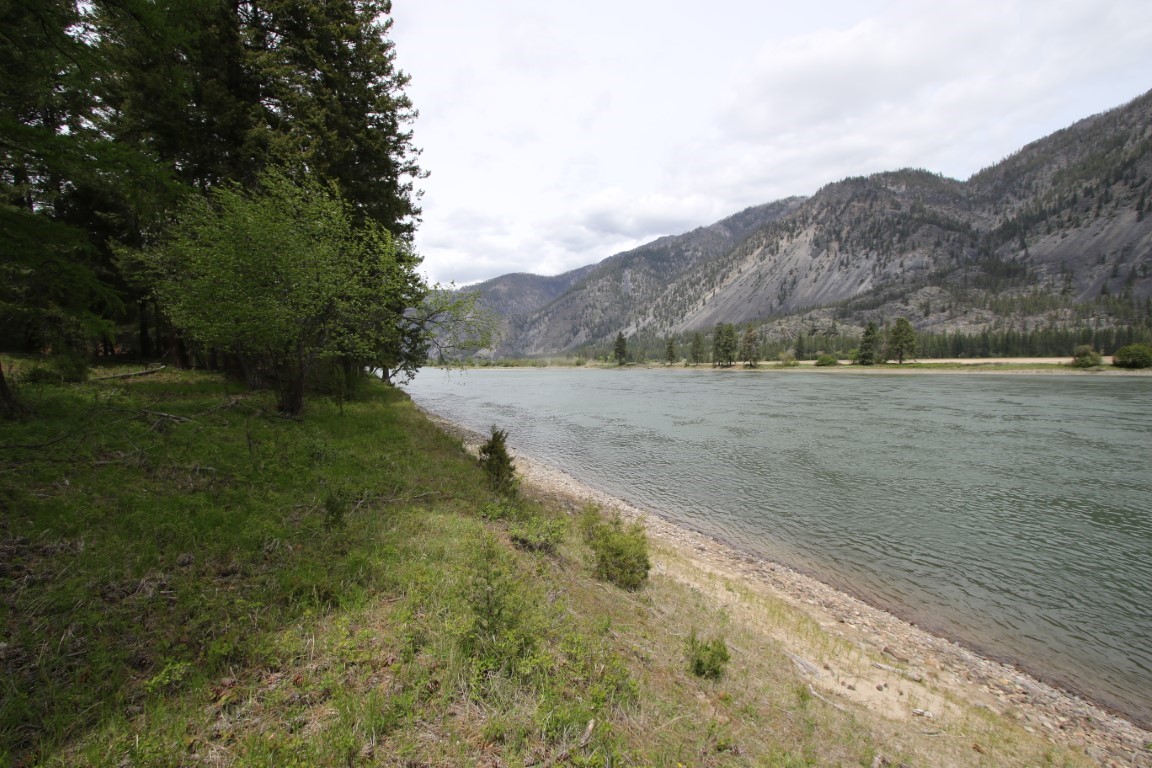 Grassy, tree-lined riverbank with a broad river and forested mountains beyond.