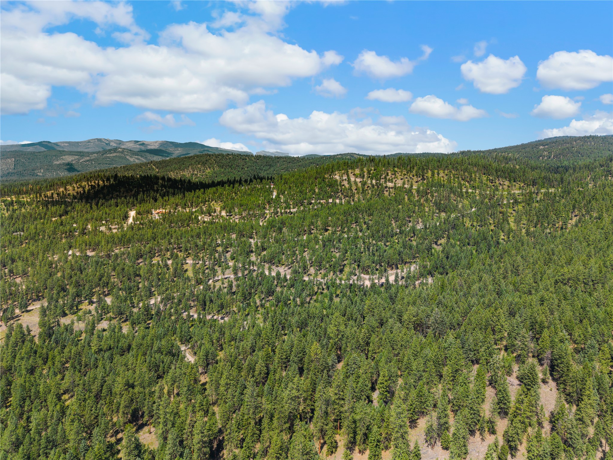 Aerial view of forested hills and distant mountain ridges beneath a partly cloudy sky.