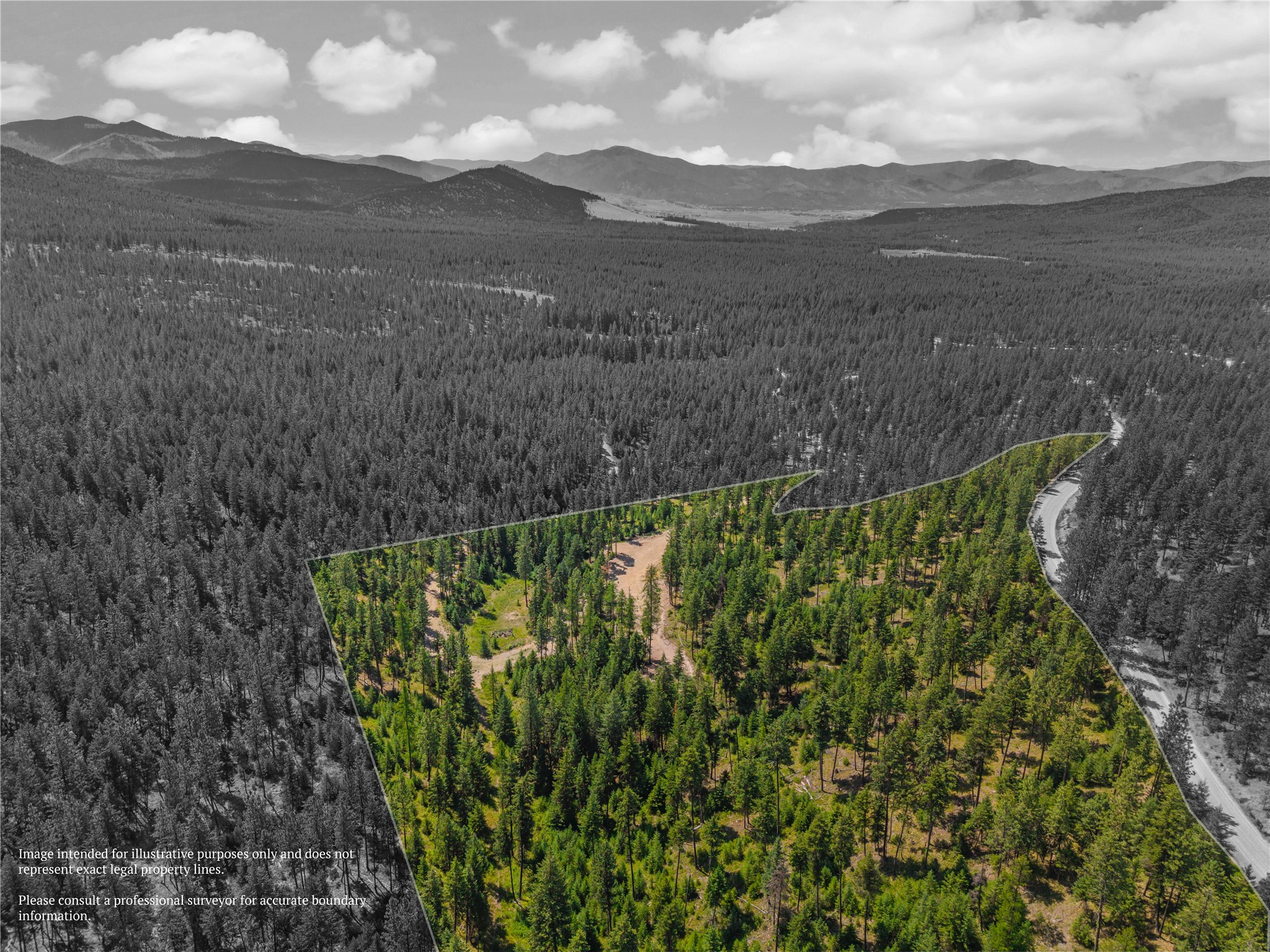 Aerial view of a forested parcel outlined against surrounding woodland, with a winding road and distant mountains.