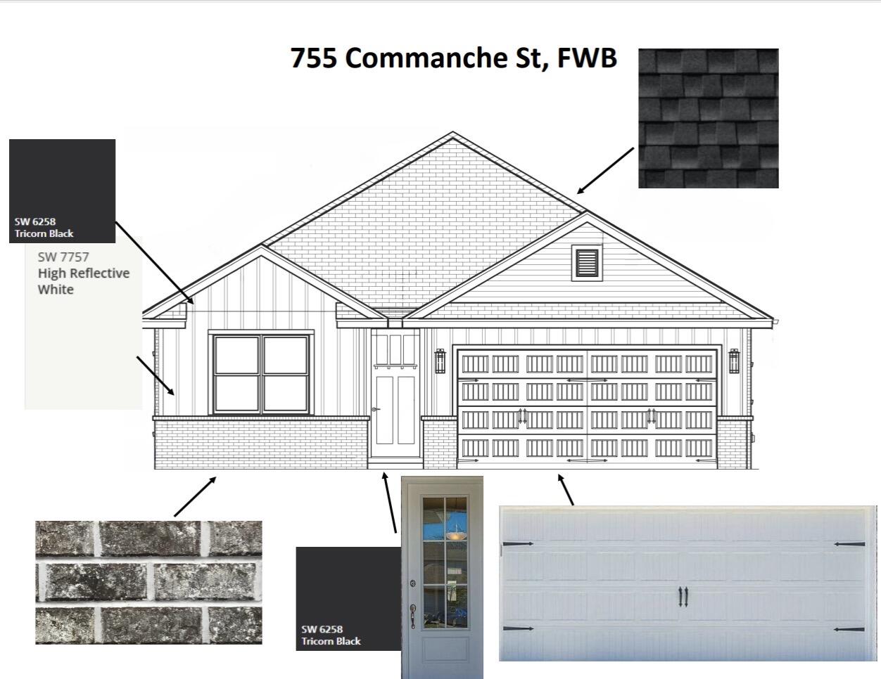 Front elevation of a single-story home with finish samples and color labels.