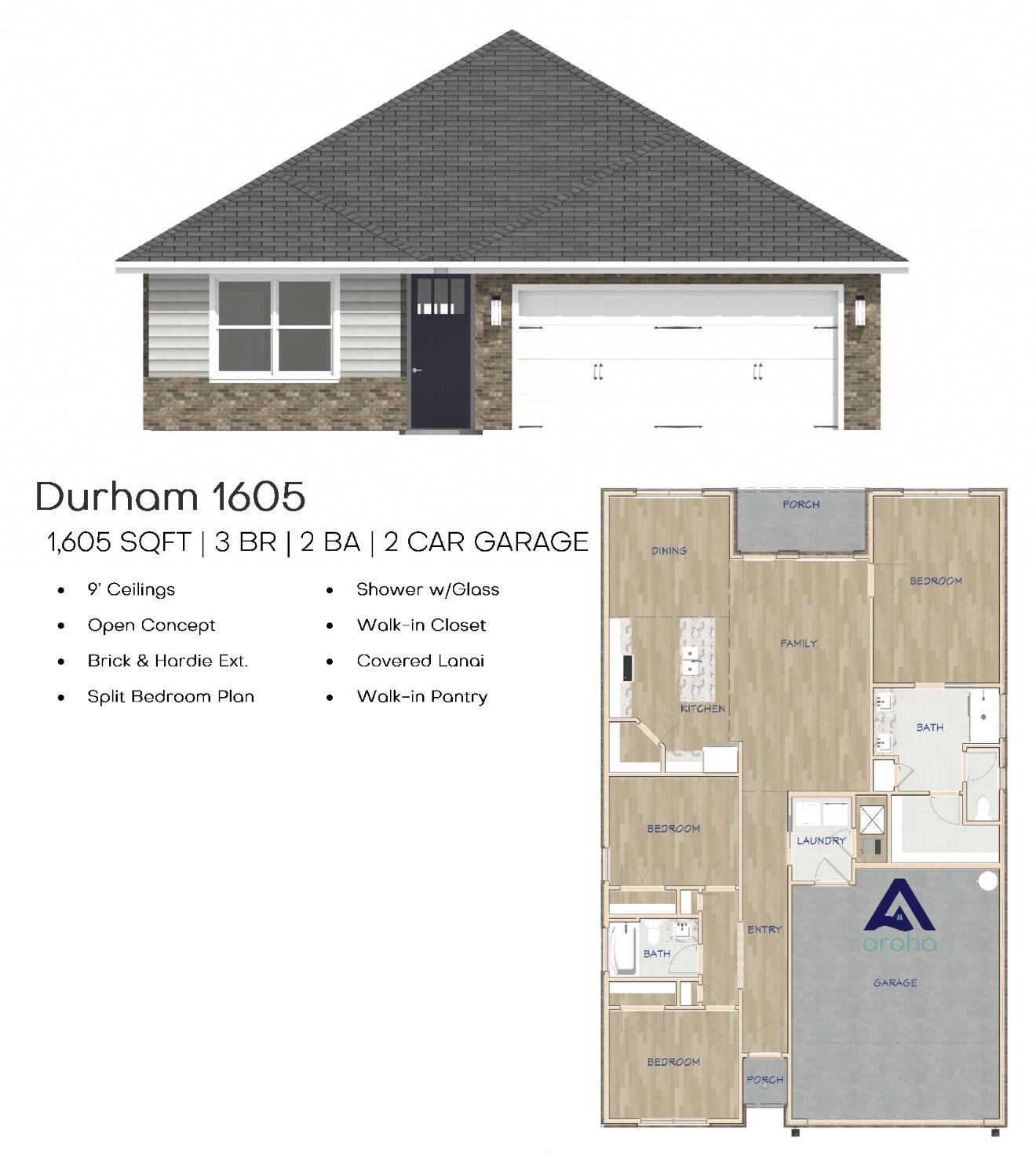 Durham 1605 home plan with front elevation and labeled floor plan; 1,605 square feet, three bedrooms, two bathrooms.