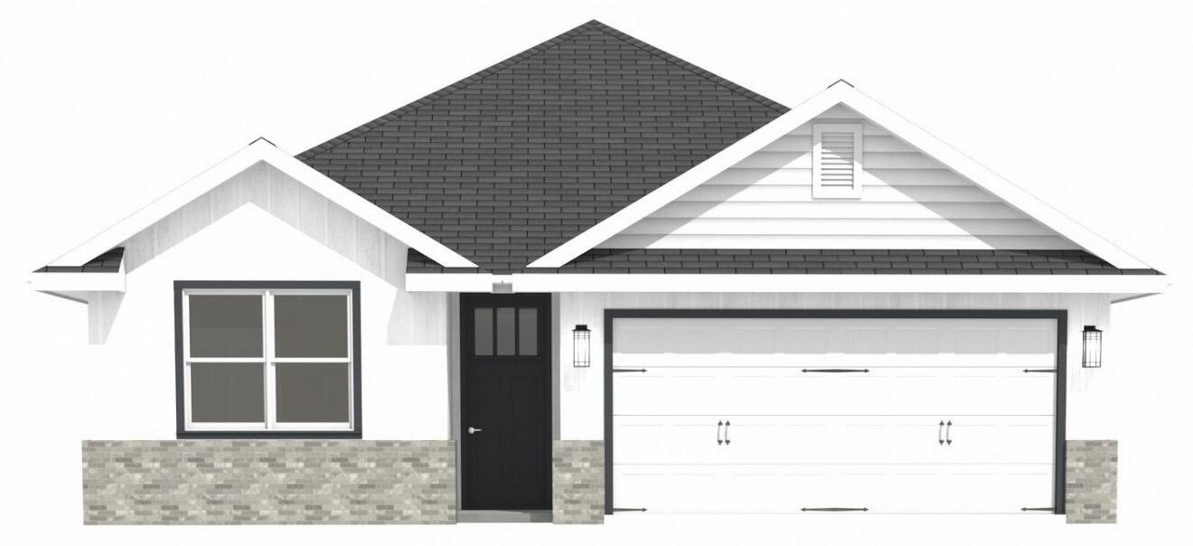 Front rendering of a white single-story house with a dark roof, black door, and double garage.