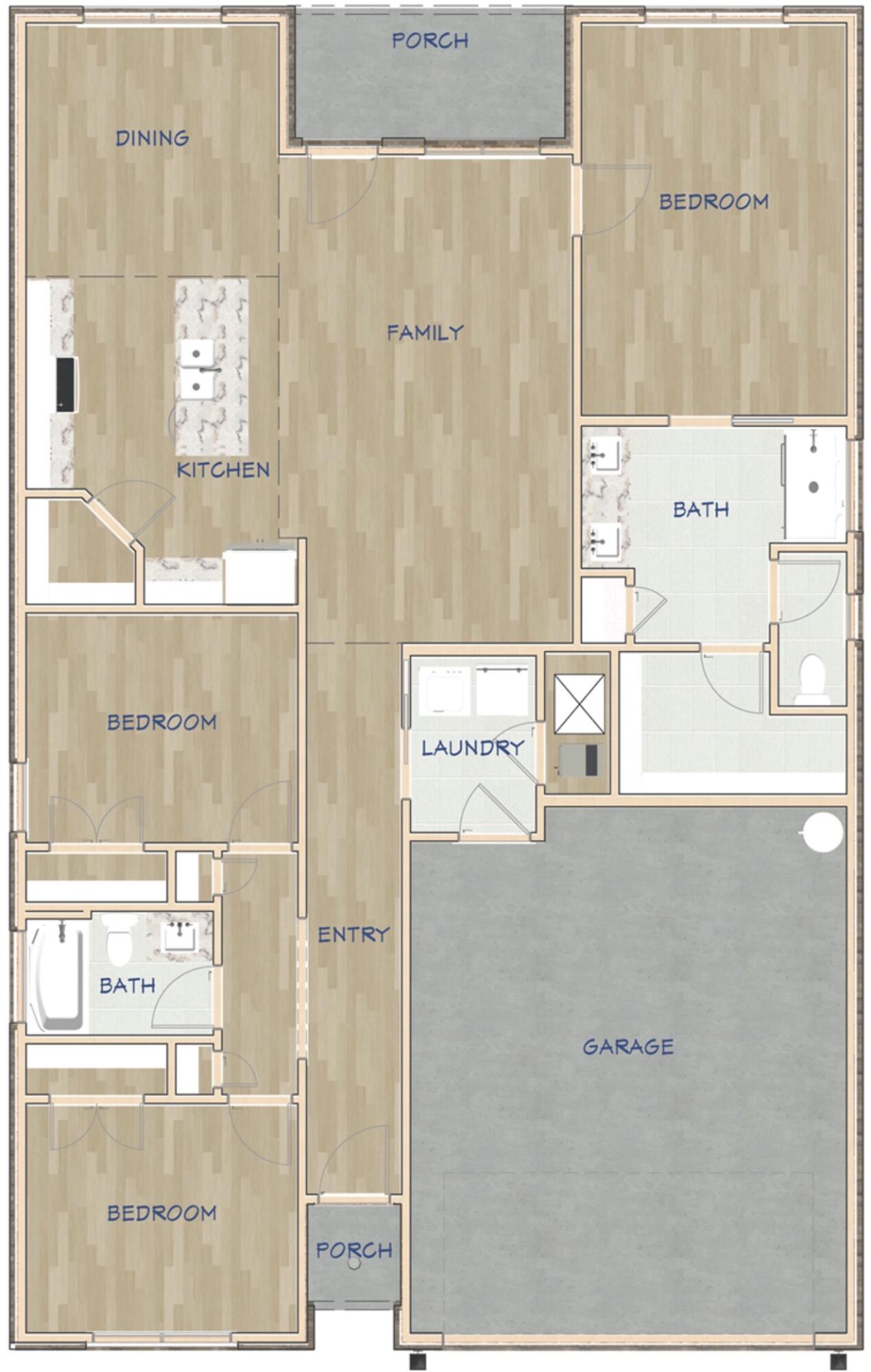 Floor plan showing three bedrooms, two bathrooms, open living areas, two porches, and a large garage.