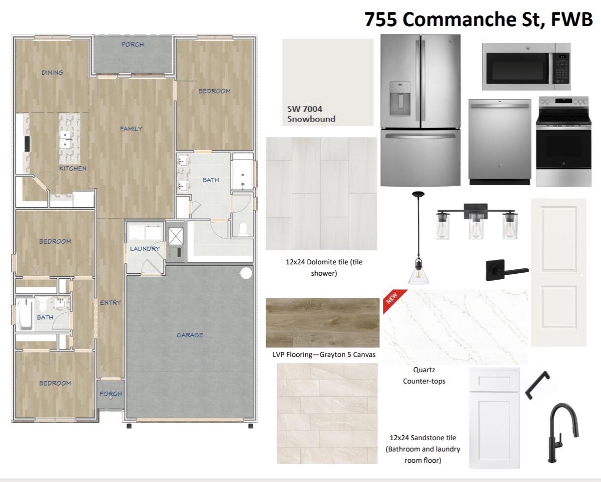 Floor plan and finish selections for 755 Comanche Street, including flooring, tile, countertops, appliances, and fixtures.