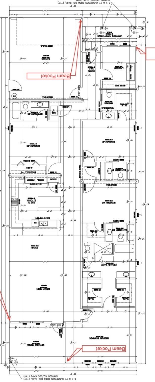 Floor plan with room layouts, dimensions, and two red Beam Pocket callouts.