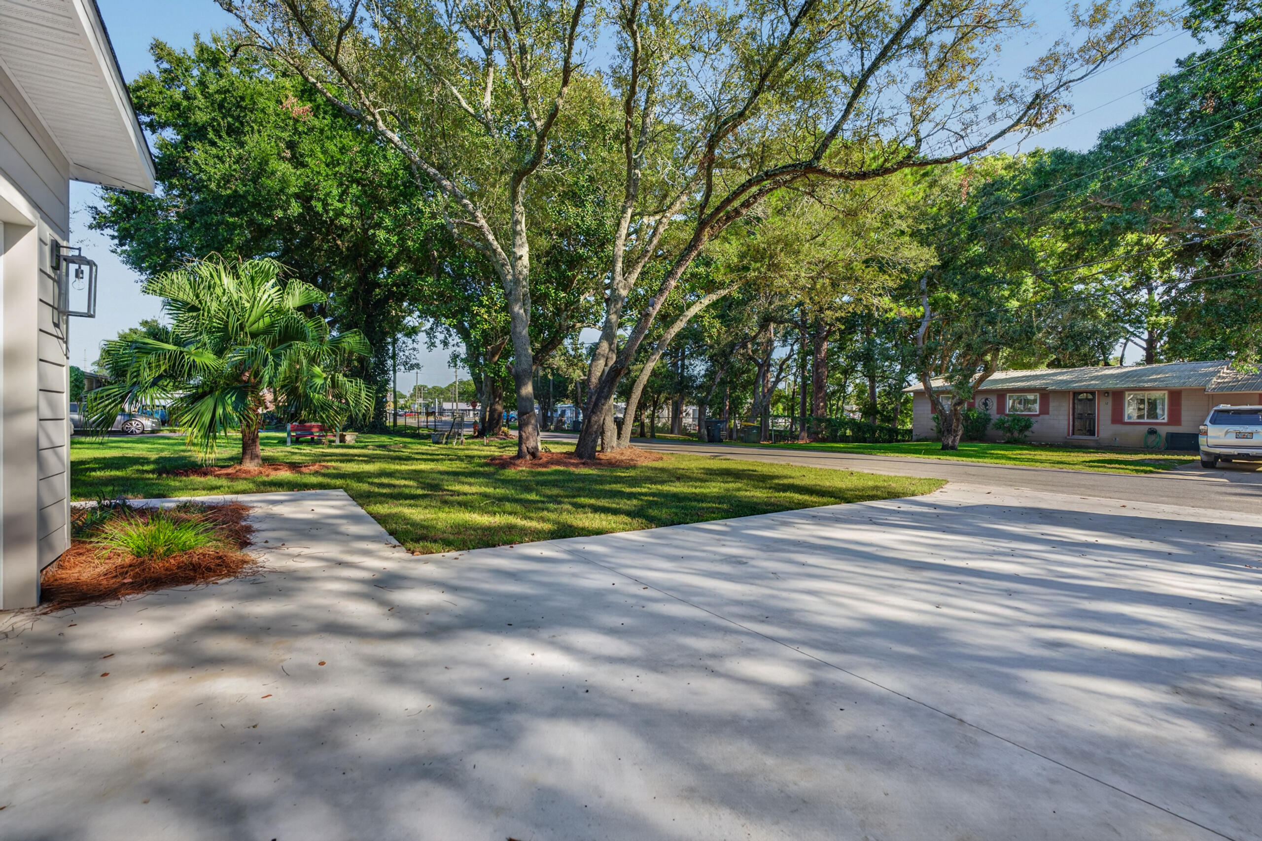 Wide driveway and grassy front yard shaded by mature trees and palms.