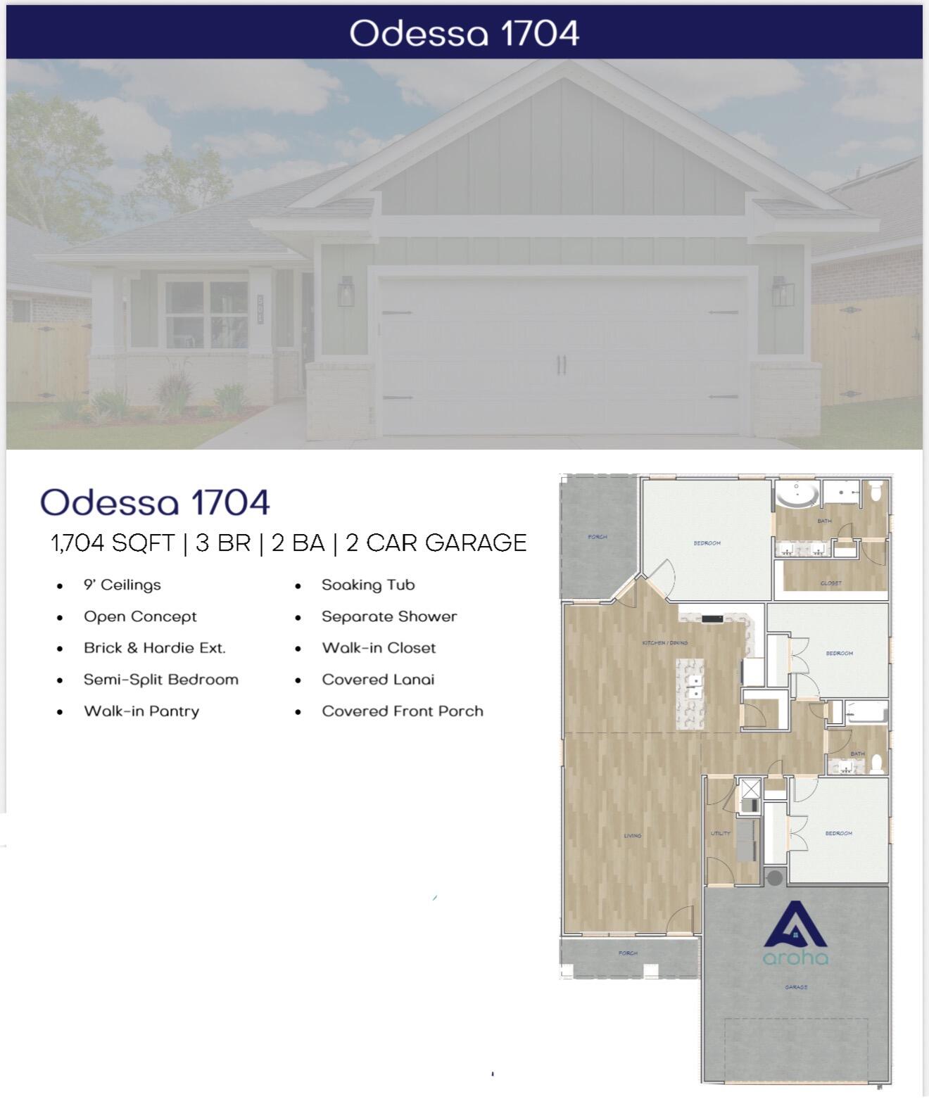 Odessa 1704 floor plan and exterior, showing three bedrooms, two bathrooms, and a two-car garage.