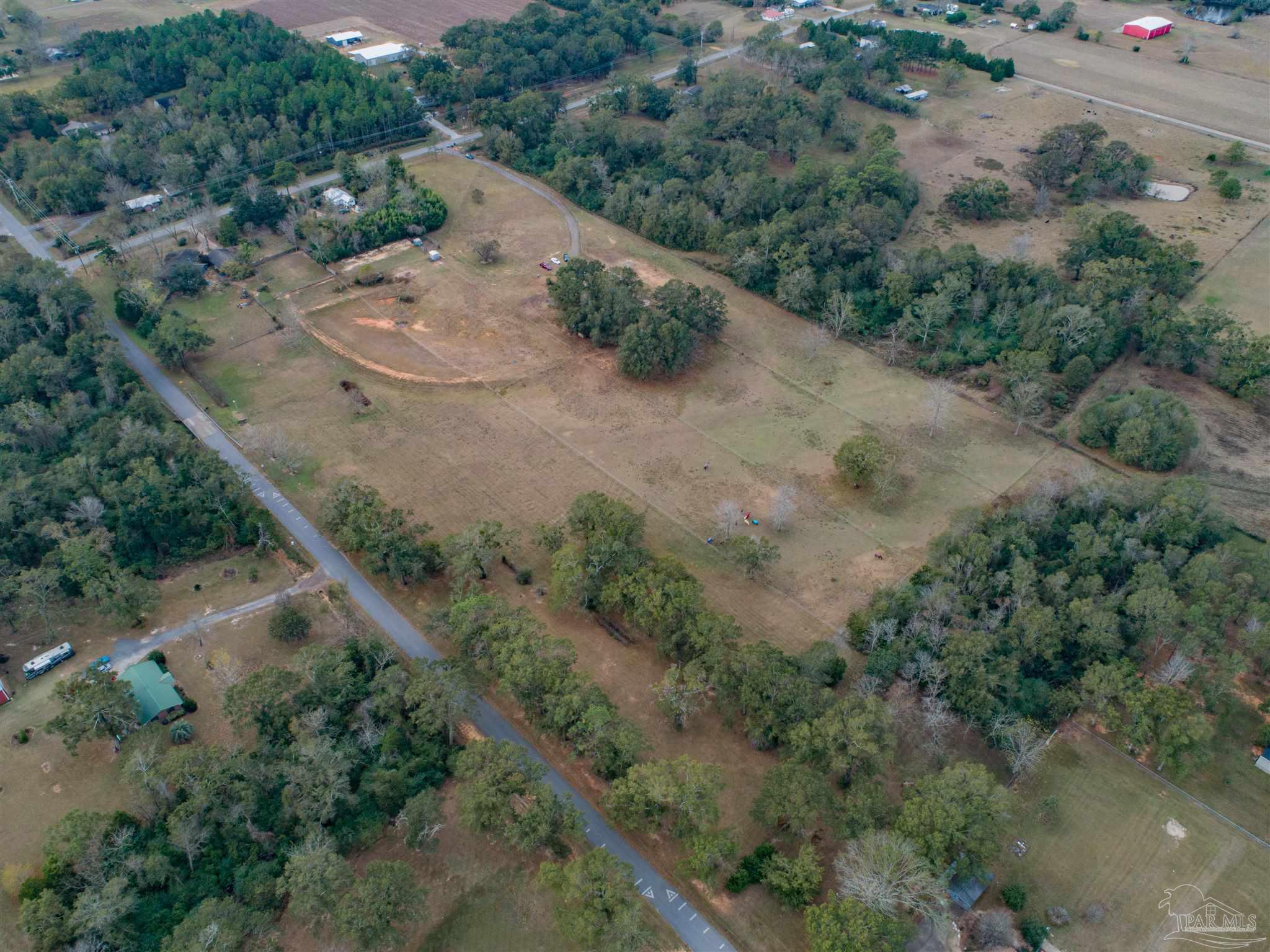 Aerial view of open pasture bordered by woods, with a curving drive and rural roads.