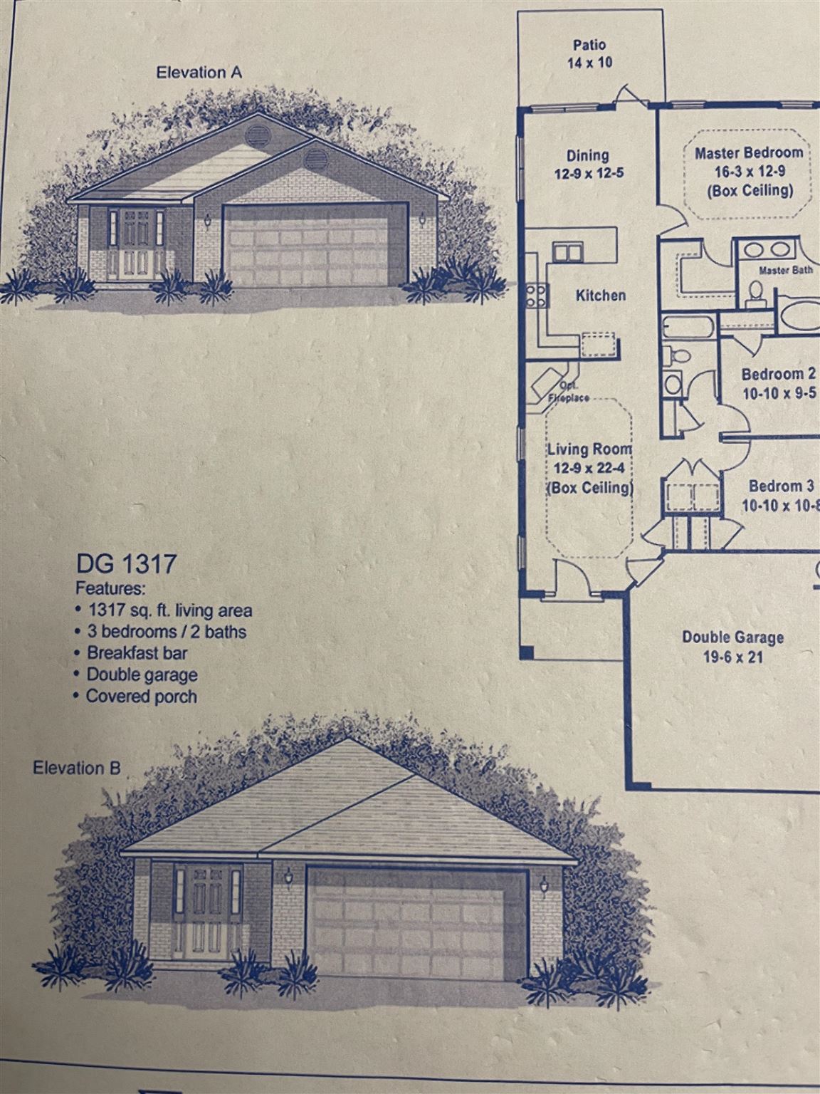 DG 1317 home plan with two exterior elevations and a labeled three-bedroom, two-bath floor plan.