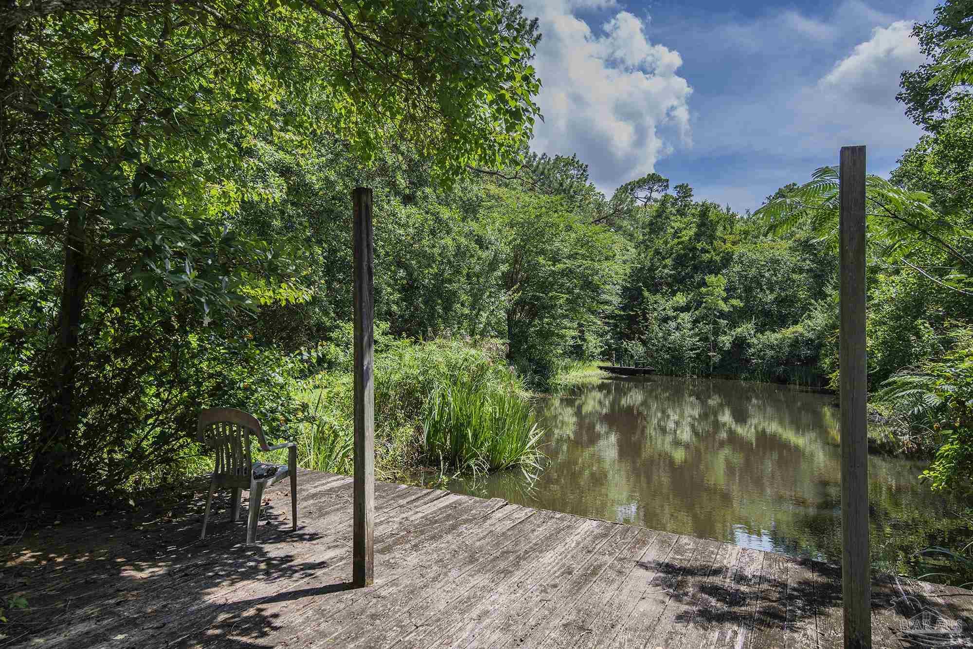Wooden dock beside a tree-lined pond, with a chair in the shade.