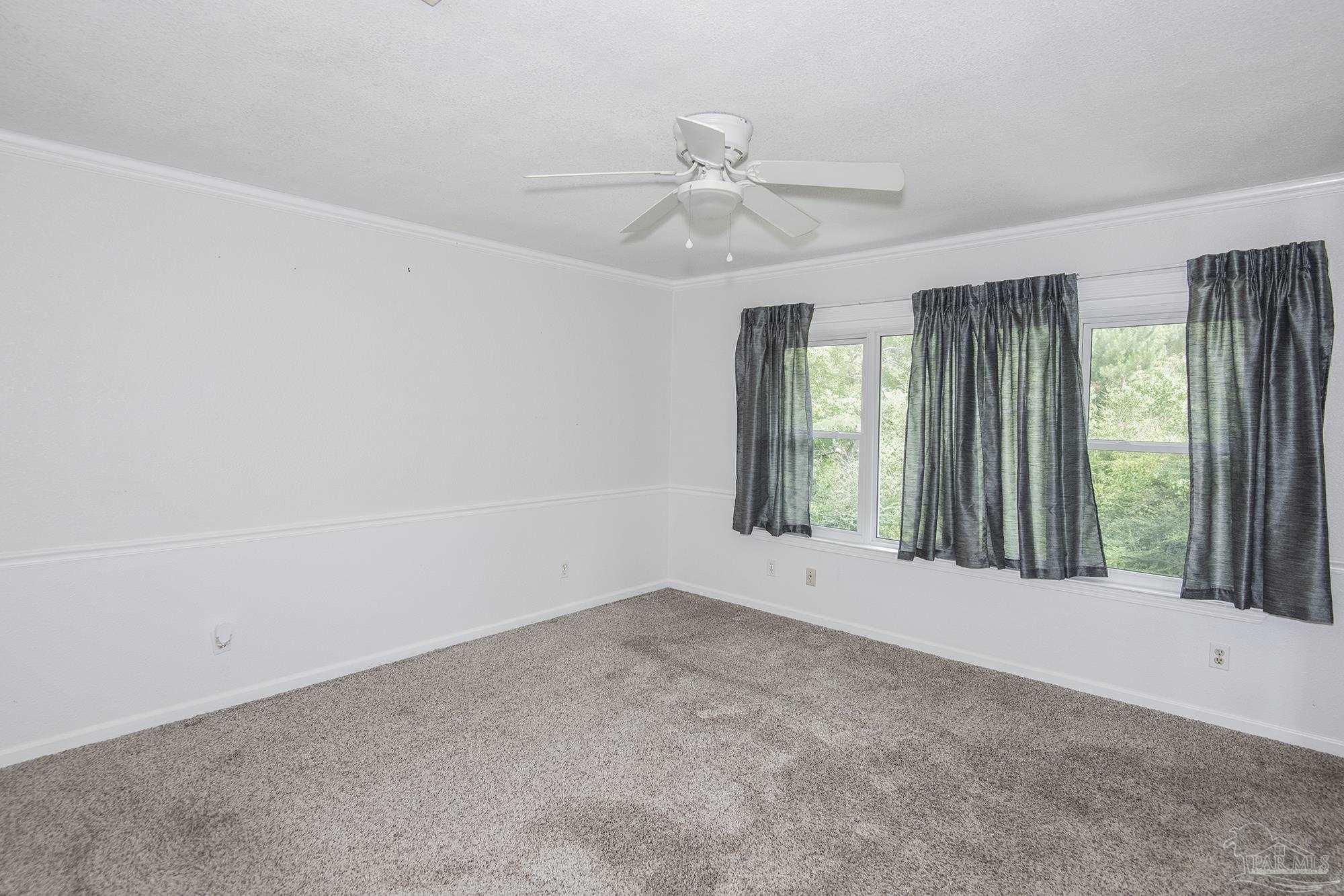 Empty bedroom with beige carpet, a ceiling fan, and curtained windows overlooking greenery.