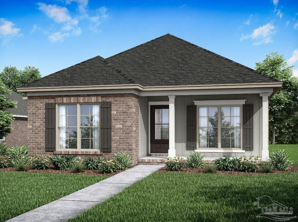 Single-story home with brick and gray siding, a covered porch, and a walkway through the lawn.